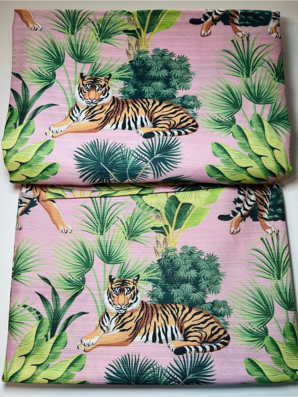 Tigers & Tropical Leaves Fabric Shower Curtain Tiger’s Life Pink & Green